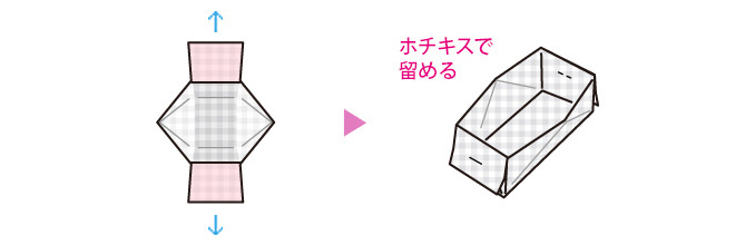 3. 型を起こして箱型に形を整え、両端をホチキスで留めて折り目をしっかりと付ける。