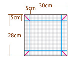 1. シートを30cm×28cmに切り、青い線は内側、赤い点線は外側に折ります。