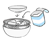 2 お皿またはボウルの上に１を乗せ、ヨーグルトを入れます。重しをすると、早く水きりできます。